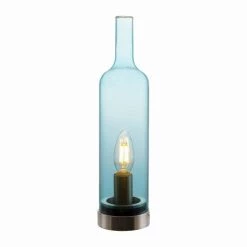 Schlussverkauf 🔔 Nino Leuchten Tischleuchte BOTTLE Nickel Matt,Glas Blau Fuer 1xE14,40W H:33cm,D:10cm 🎉